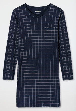Sleep shirt long-sleeve interlock dark blue chequered - Fine Interlock