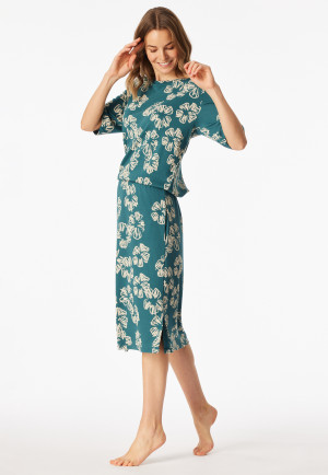 Sleep shirt short sleeve interlock elasticated waistband flowers green - Modern Nightwear
